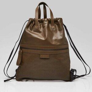 Bottega Veneta Dark Green Perforated Leather Drawstring Backpack Bag